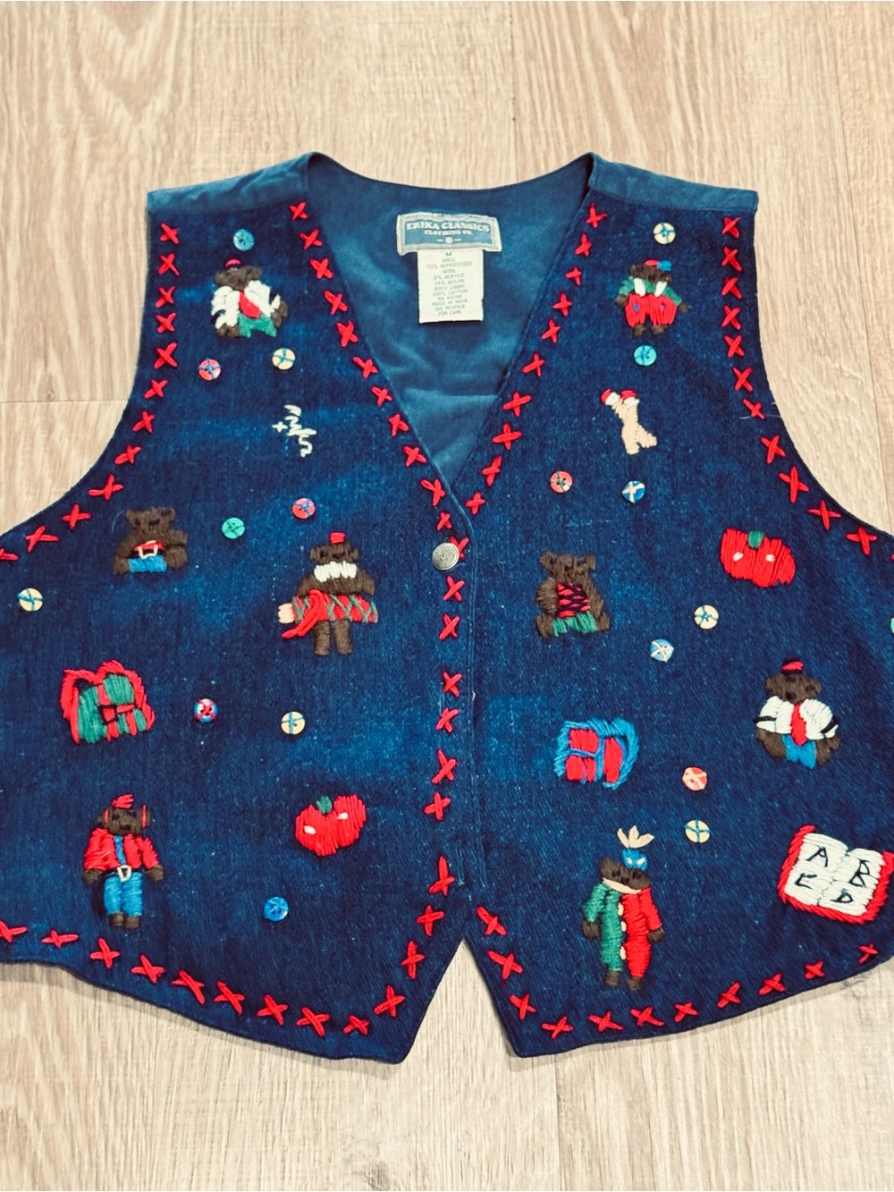 Vintage Erika Classics Wool Embroidered Teddy Bear Vest M Cottagecore Folk Art